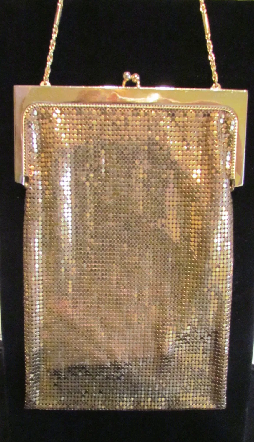 Whiting & Davis Art Deco Gold Mesh & Black Enamel Purse 1940's Flapper Evening Handbag RARE