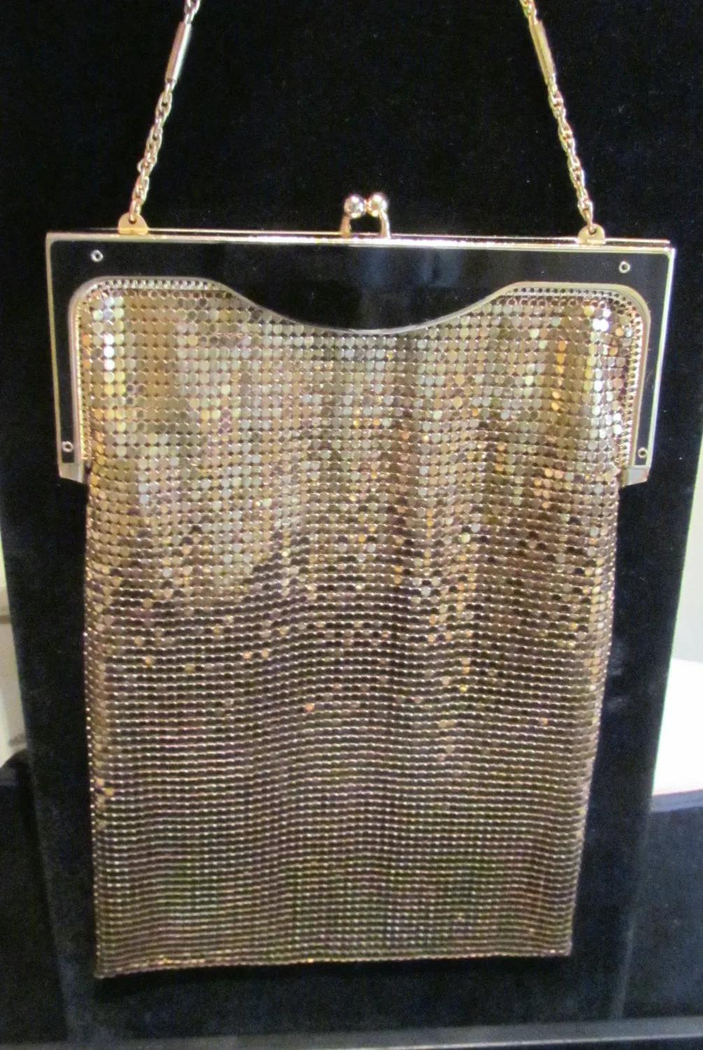 Whiting & Davis Art Deco Gold Mesh & Black Enamel Purse 1940's Flapper Evening Handbag RARE