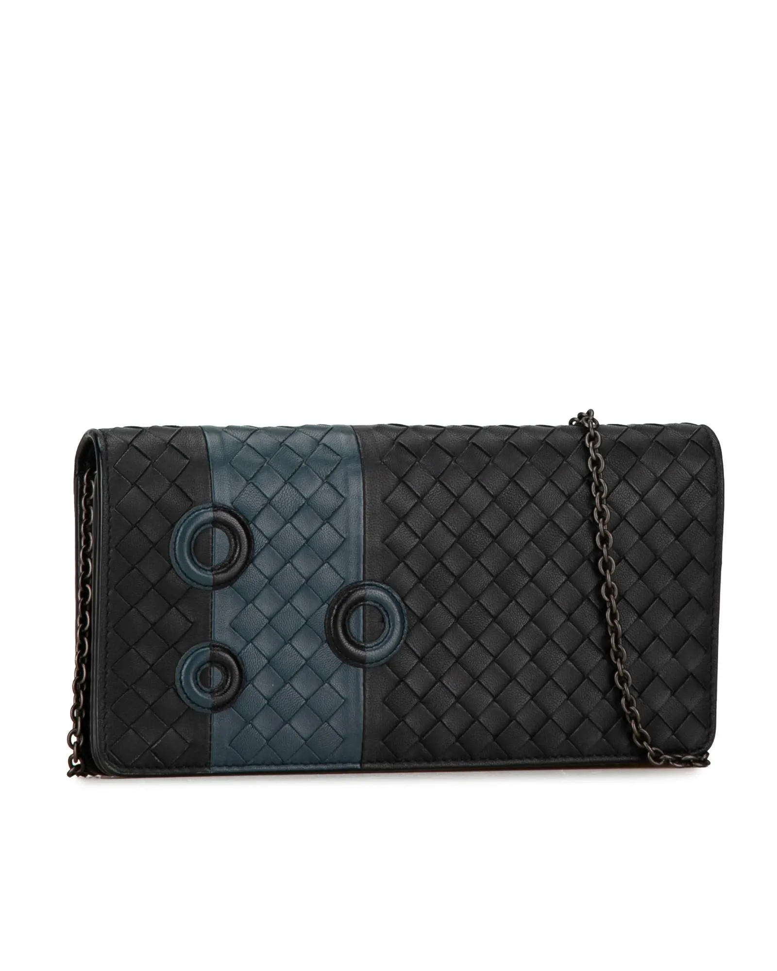 Woven Leather Wallet On Chain with Front Flap and Chain Strap